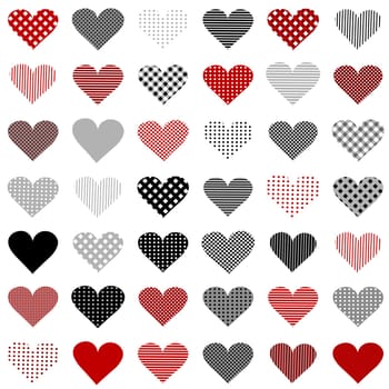 Happy Valentines day background with hearts.  Love symbol in polka dots  stripe and tablecloth pattern. Collection of patterned hearts