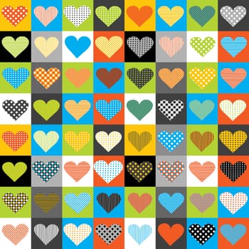 Happy Valentines day background with hearts. Square composition with love symbol in polka dots  stripe and tablecloth pattern