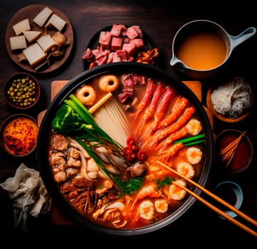 An image of a hot pot with a variety of meats and vegetables, such as beef, chicken, shrimp, and mushrooms, cooking in a flavorful broth. The hot pot is served on a table with chopsticks and bowls.