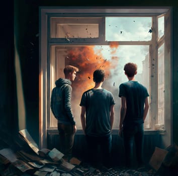 This painting depicts a room with a window showing the devastation outside. There is a bong on the window sill and three people are standing in front of it, observing the scene. The painting is characterized by high quality and photorealistic style.