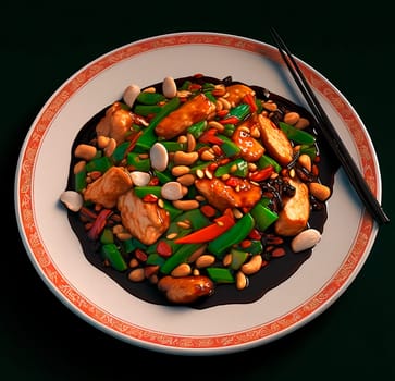 An image of a plate of Kung Pao chicken, a popular Chinese dish made with chicken, peanuts, vegetables, and spicy sauce. The plate is garnished with green onions and the dish looks savory and appetizing.
