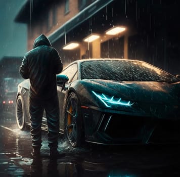 The painting depicts a friend washing a car in the rain, creating a dramatic and cinematic impression. It conveys the atmosphere of a person's mood and state of mind when they understand that not everything has to be perfect.