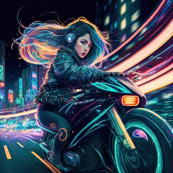 This painting depicts a beautiful futuristic woman riding a Tron-style motorcycle through the anime-inspired streets of Tokyo at night. The background is filled with colorful signs and lights, capturing the energy and vibrancy of the city.