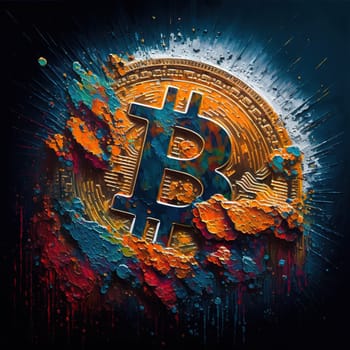This painting is a representation of a Bitcoin coin, done in an abstract acrylic style with expressive brushstrokes, vibrant colors, and a non-representational form. The painting conveys movement and uses emotionally derived colors.