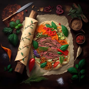 This mouth-watering piece captures the succulent and savory beauty of a traditional lavash wrap filled with juicy meat and fresh vegetables. The vibrant colors and dynamic composition showcase the delicious ingredients and the cultural heritage of the dish.