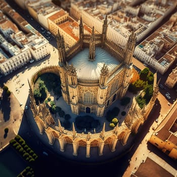 A beautiful bird's eye view photograph of Seville Cathedral in Spain showcasing its intricate architectural styles. The photograph illustrates the impressive blend of different styles and the complexity of the design of the Cathedral.