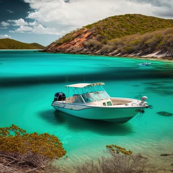 This painting captures the iconic boats and watercrafts that are widely used to explore the Virgin Islands and for fishing. The image is generated with the use of an AI.