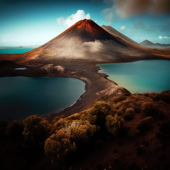 The painting depicts the volcano La Pelee, the main attraction of Antigua and Barbuda and the highest point on the island, located in the Las Estrellas National Park. The image is generated with the use of an AI.