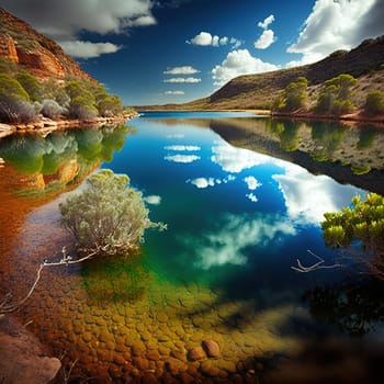A beautiful photograph of Hill Lake in the Royal National Park in Australia, showcasing its serene and natural beauty. The image captures the peacefulness and tranquility of the lake and its surroundings, highlighting its role as a hidden gem in the national park. The photograph illustrates the natural wonder and conservation of the Hill Lake and Royal National Park in Australia.
