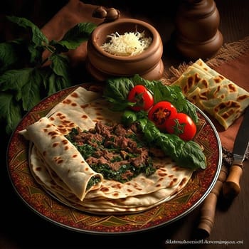 A vibrant and flavorful painting depicting the traditional Armenian dish of lavash with kebab and dolma. The image is generated with the use of an AI.