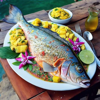 This painting captures the popular local delicacy, the unicorn fish, which is a popular dish in the Virgin Islands. The image is generated with the use of an AI.
