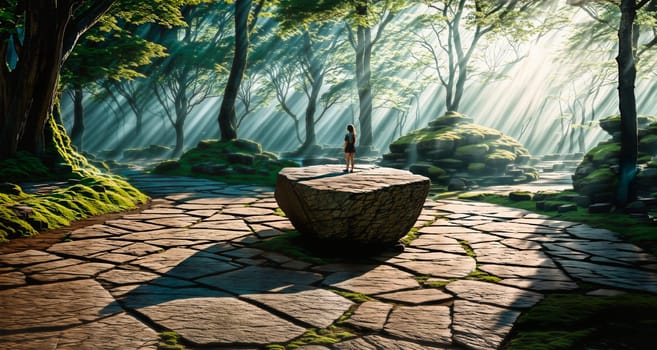 A woman stands on a stone table in a mysterious forest with rays of light. Generative AI.