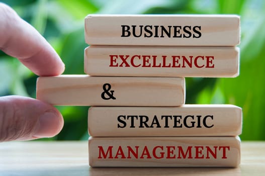 Business excellence and strategic management text on wooden blocks. Business culture and success factor concept.