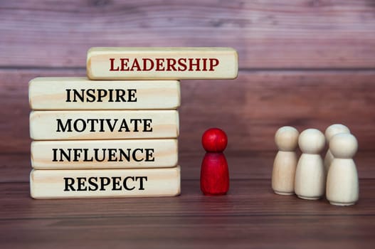 Leadership concept - Leadership, inspire, motivate, influence and respect text on wooden blocks with red and white wooden figure background.