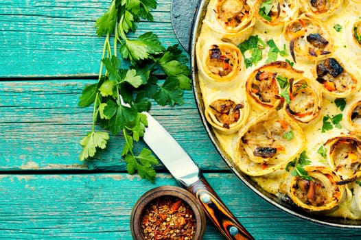 Vegetables baked with cheese in pita bread. Casserole. Close up
