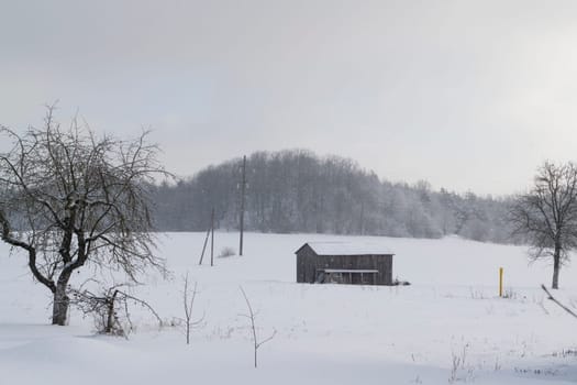 Winter landscape with an abandoned wooden house in a snowy field.