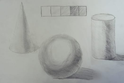 Neat drawing picture sketch of three-dimensional geometric figures shapes of sphere ball, cone, cylinder, shading on white background drawn by child with pencil. Art, development, education, drawing.
