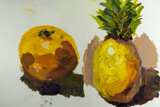 Beautiful colorful still-life painting of pineapple, orange, plum on white background painted by child. Art, fruits, creativity, development, education, watercolor, creative work, drawing, childhood.