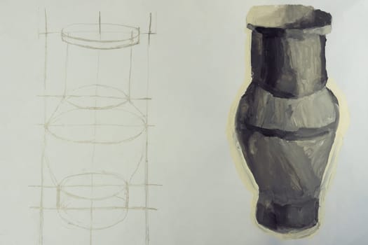 Composition of drawing sketch of three-dimensional vase and painting of grey vase on white background drawn by child with pencil and watercolor. Artwork, development, education, drawing, painting.