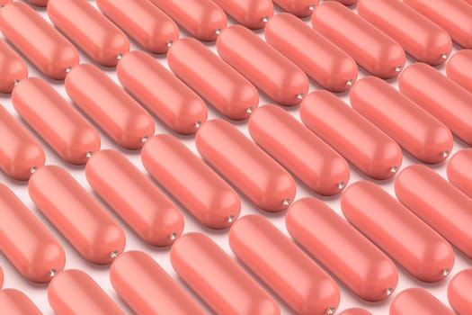 Many rows with sausages on white background