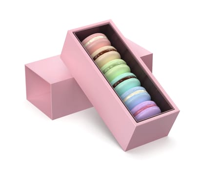 Pink box with six different french macarons on white background