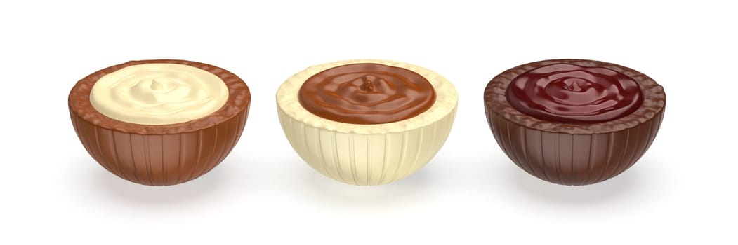 White, dark and milk chocolate candies with different fillings inside