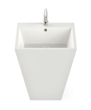 Floor-mounted wash basin with sensor faucet on white background, front view