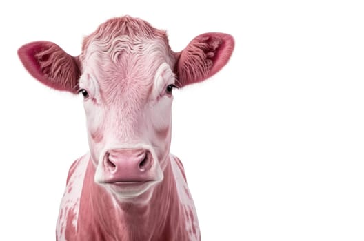 Portrait of pink cow against white background. Generative AI