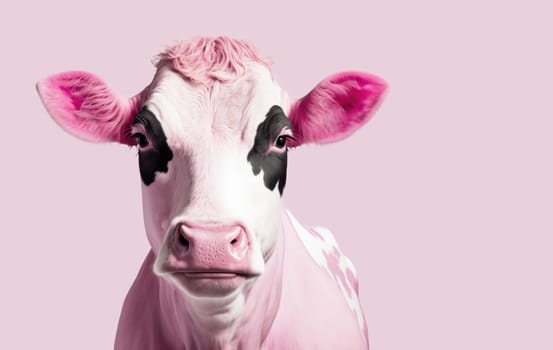 Portrait of pink cow against pink background. Generative AI