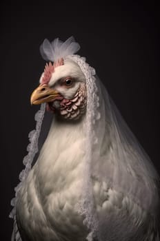 Chicken wearing a veil against dark background. Generative AI
