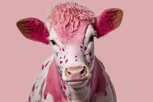 Portrait of pink cow against pink background. Generative AI