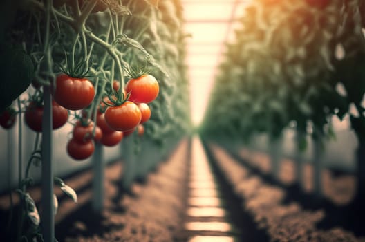Tomatoes in a commercial greenhouse. Generative AI