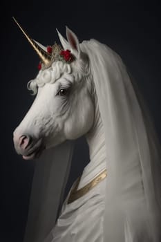 White unicorn wearing a veil against dark background. Generative AI