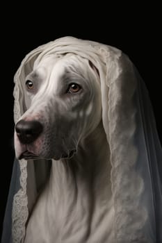 White Great dane dog wearing a veil against dark background. Generative AI