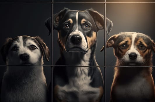 Dogs in a shelter behind bars. Generative AI