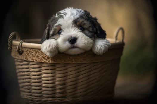 Cute puppy in a basket. Generative AI
