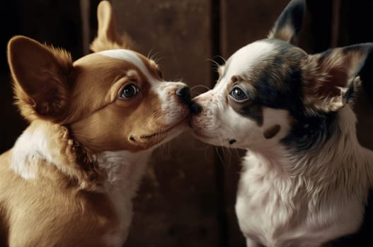 Two cute mixed breed dogs kissing each other. Generative AI