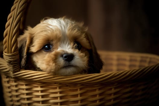 Cute puppy in a basket. Generative AI