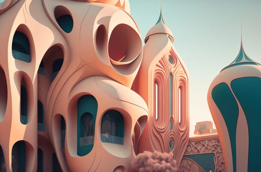 Futuristic pink apartment building with curved facades against light blue sky. Generative AI
