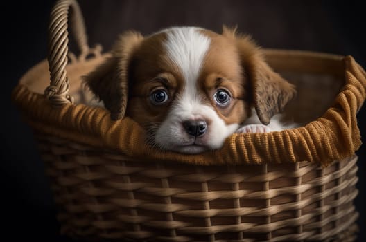 Cute puppy in a basket. Generative AI