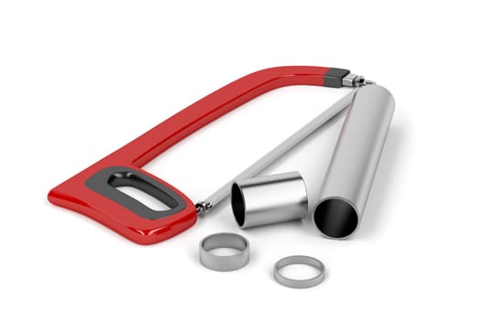 Hacksaw with cut metal pipes
