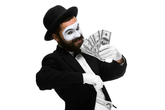 Man with a face mime screaming with delight with money isolated on a white background. concept concept- money in pocket,  money luck
