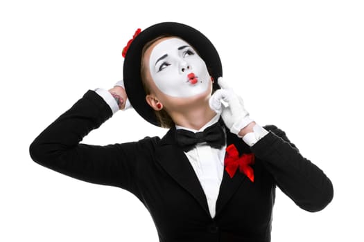 Portrait of the surprised and joyful woman as mime isolated on white background. Concept of approval and recommendations
