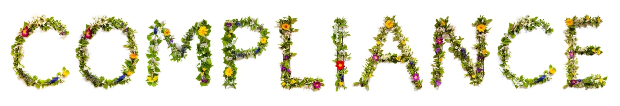 Blooming Flower Letters Building English Word Compliance. Summer And Spring Season Blossoms And Flower Lei.