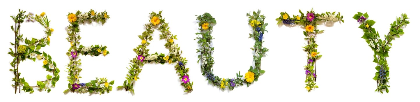 Blooming Flower Letters Building English Word Beauty. Summer And Spring Season Blossoms And Flower Lei.