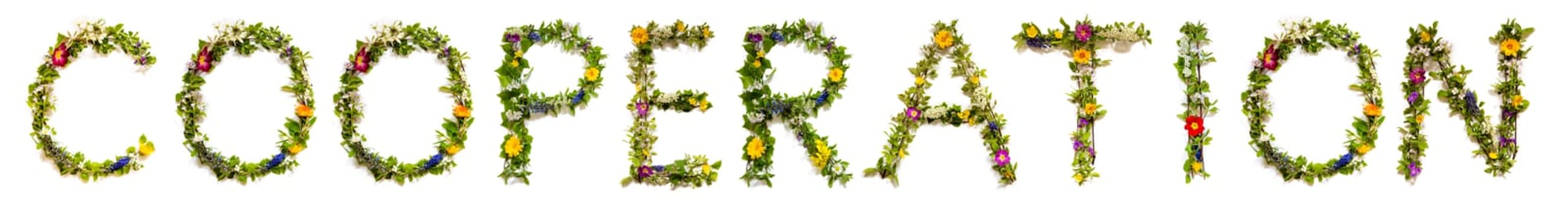 Blooming Flower Letters Building English Word Cooperation. Summer And Spring Season Blossoms And Flower Lei.