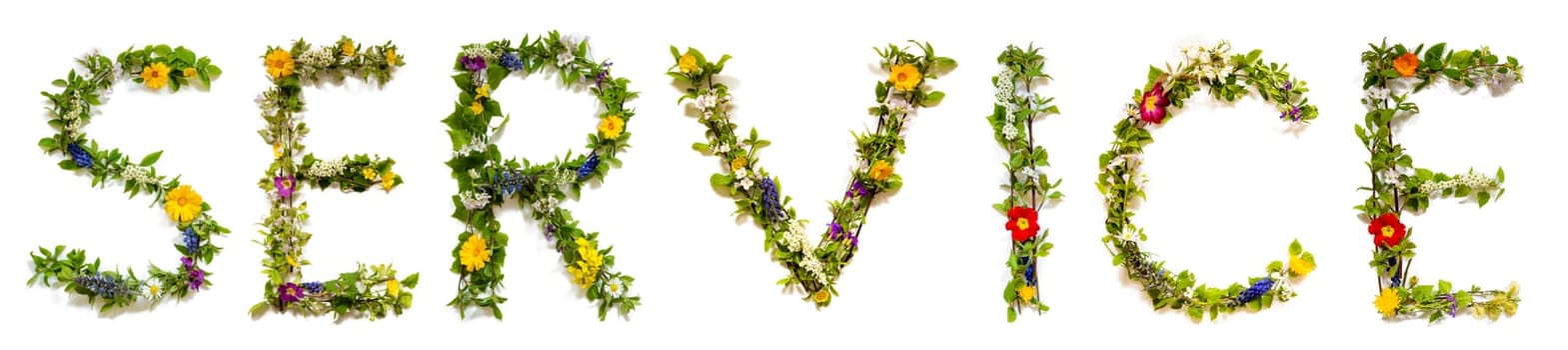 Blooming Flower Letters Building English Word Service. Summer And Spring Season Blossoms And Flower Lei.
