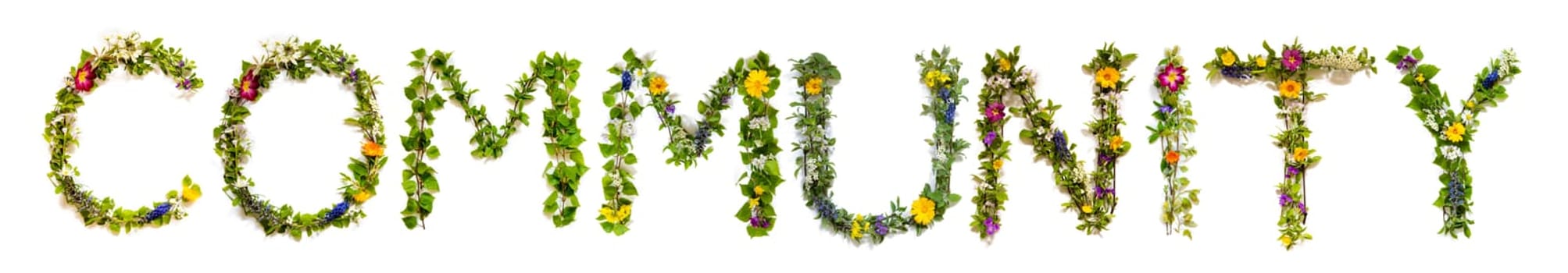 Blooming Flower Letters Building English Word Community. Summer And Spring Season Blossoms And Flower Lei.