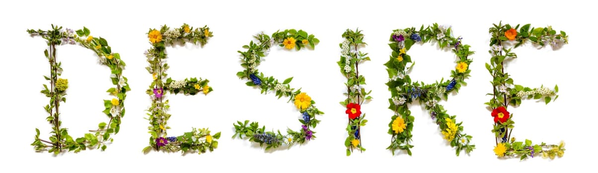 Blooming Flower Letters Building English Word Desire. Summer And Spring Season Blossoms And Flower Lei.
