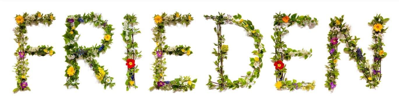 Blooming Flower Letters Building German Word Frieden Means Peace. Summer And Spring Season Blossoms And Flower Lei.